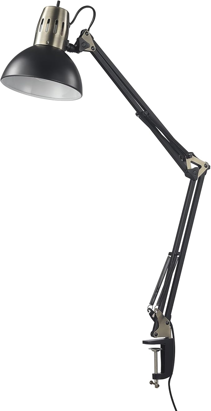 Globe Electric 62000009 32" Multi-Joint Desk Lamp with Metal Clamp, Matte Black, Antique Brass Accents, On/Off Rotary Switch on Shade, Partially Adjustable Swing Arm, Home Décor, Office Accessory by GlobeElectric