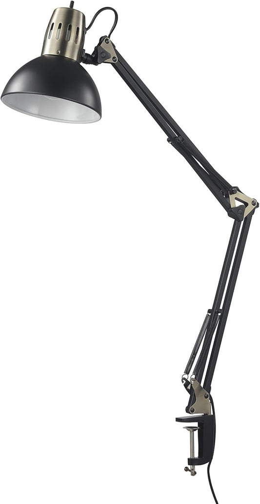 Globe Electric 62000009 32" Multi-Joint Desk Lamp with Metal Clamp, Matte Black, Antique Brass Accents, On/Off Rotary Switch on Shade, Partially Adjustable Swing Arm, Home Décor, Office Accessory by GlobeElectric