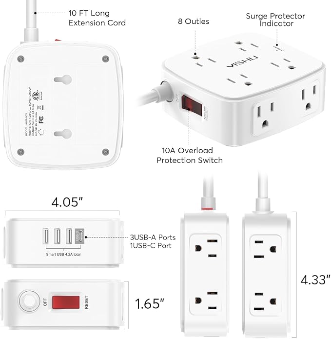 10 Ft Surge Protector Power Strip - YISHU 3 Side Outlet Extender with 8 Widely AC Outlets and 4 USB Ports, 10 Feet Extension Cord with Flat Plug, Wall Mount Desk USB Charging Station, ETL,White - Image 7