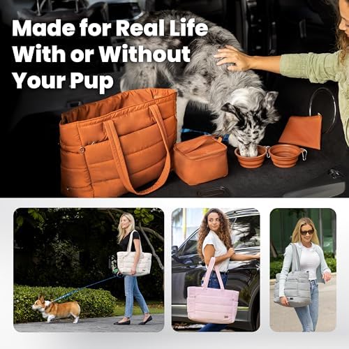 Rubyloo Dog Mom Essentials Bundle - Puffer Tote with Storage Containers (Beige) and 32 oz Water Bottle with Detachable Bowl (I Love My Dog) - Travel Bag and Hydration Set - Image 7