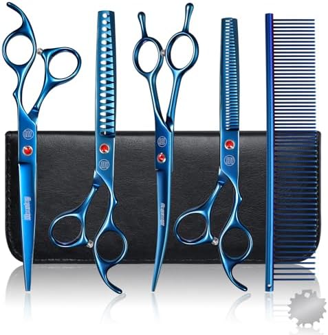 Professional Dog Grooming Scissors Set, 7 Inch/8 Inch Pet Grooming Scissors Chunkers Shears for Dog, Curved Dog Grooming Scissors, Thinning Shears for Dog with Grooming Comb by Moontay