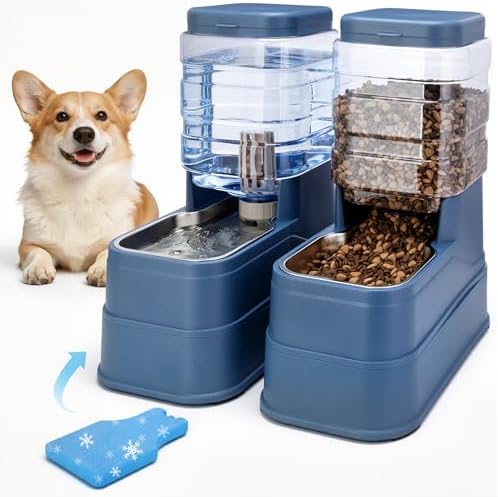 Automatic Cat Feeder and Water Dispenser with Stainless Steel Bowl with Ice Pack Gravity Food Feeder and Waterer Set Feeding Raised Bowls with Filter for Dog 1.3 Gallon x 2(Blue) by Kacoomi