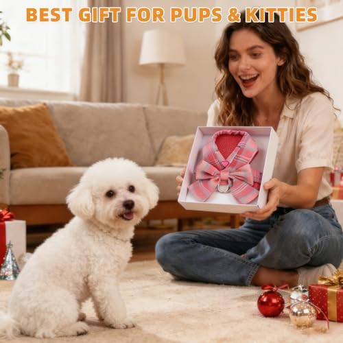 KOOLTAIL Small Dog Harness and Leash Set, Cute Puppy Vest Harnesses with Bowtie, Step in No Pull Soft Mesh Padded Adjustable Plaid Pet Harness for Extra-Samll Medium Dogs Cats, Boy Girl, Pink XS-M - Image 3
