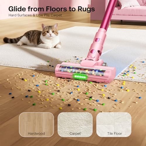 Trucozie Cordless Vacuum Cleaner, Self-Standing Lightweight Stick Vacuum with 50 mins Runtime, Powerful Suction, Anti-Tangle Wireless Vacuum for Home, Hardwood Floor, Carpet, Pet Hair, Pink - Image 6