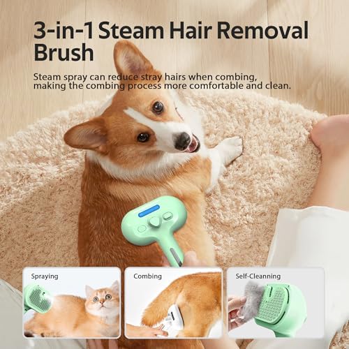 Pet Grooming Brush with Electronic Mist Spray - Gentle Deshedding Tool for Cats & Dogs, Pet Steam Brush，Reduces Shedding, Soft Bristles, Promotes Healthy Coat-Comes with a hair smoothing comb-Greener - Image 6