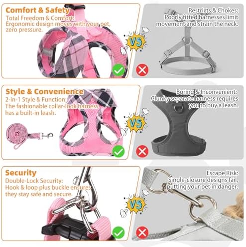 KOOLTAIL Small Dog Harness and Leash Set, Cute Pink Girl Puppy Harness, Step in No Pull Soft Mesh Pet Vest Harness Collar for Small Size Dogs Cats, Plaid Dog Halters for Outdoor Walking, Pink XS - Image 5