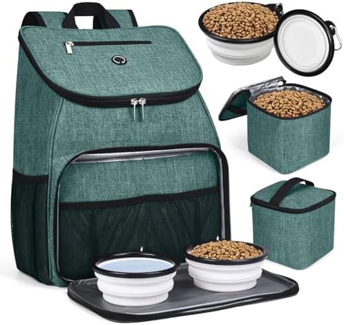 BAGLHER丨Dog Travel Bag, Airline Approved Pet Supplies Backpack, Dog Travel Backpack Accessories Set with 2 Silicone Collapsible Bowls and 2 Food Baskets. Green by BAGLHER