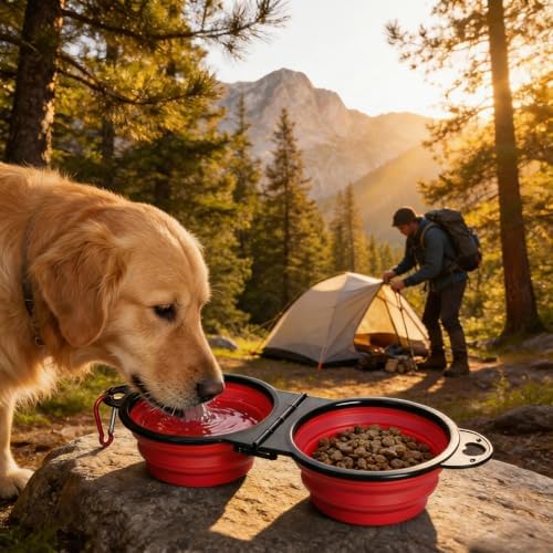 Double Collapsible Dog Bowls for Travel, Food and Water Set with Clip，Red - Image 7