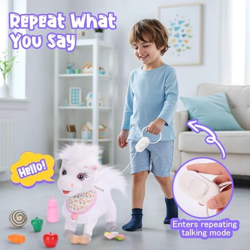 Ylpaprm White Walking Pony with Leash Toy Horses Electric Ponie that Walks,Plush Horse Toy for Kid Talking Musical Singing Pony Nod Lick Wag Repeat What You Say, Farm Animal Birthday Gift Boy - Image 5