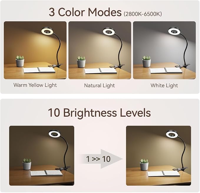 2 Pack LED Clip on Desk Lamp, Metal 360 Adjustable Neck | Eye-Caring Clamp Lamp, Memory Function, 3 Color Modes & 10 Brightness Levels, For Home, Office, Dorm, Bedroom - Image 2
