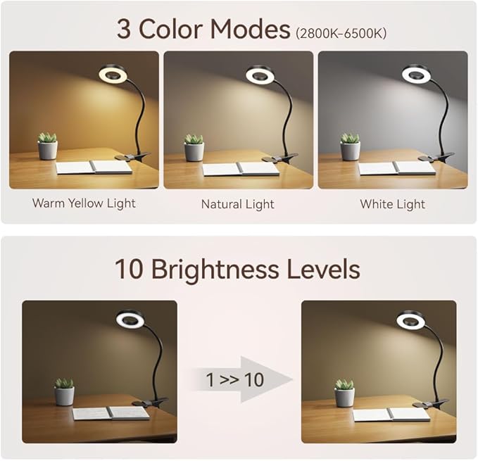LED Desk Lamp Clip on Light with 3 Color Modes 10 Brightness Ring/Clamp Light 360° Adjustable Neck Dimmable Eye Protection Desk Lamps for Home Office - Image 2