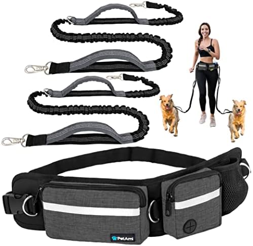 PetAmi Hands Free Dog Leash with Waist Running Belt Bag, Double (Charcoal) by PetAmi