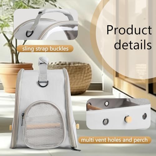 Bird Carrier, Portable Small Bird Parrot Parakeet Carrier with Standing Perch and Mat, Side Access Window Collapsible (Grey, Clear Windows) - Image 3