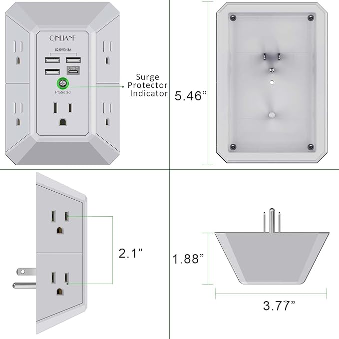 USB Wall Charger, Surge Protector, QINLIANF 5 Outlet Extender with 4 USB Charging Ports(3U1C) 3-Sided 1680J Power Strip Multi Plug Outlets Wall Adapter Spaced for Home Travel Office, Grey - Image 7