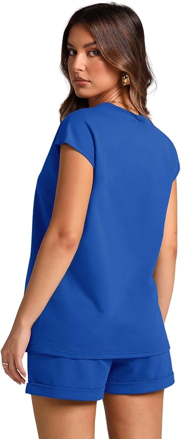 WIHOLL 2 Piece Sets for Women Casual Summer Travel Vacation Outfits Cap Sleeve Shorts Lounge Set - Image 5