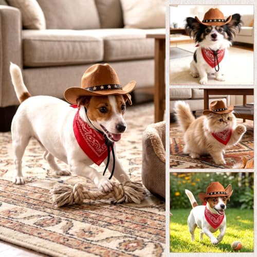 Pet Cowboy Costume, Dog Cowboy Hat with Bandana Scarf, Adjustable Cat Cowboy Hat for Party Cosplay Christmas, Halloween Cowboy Costumes for Small Pet Dogs Cats (Brown, Small) - Image 5