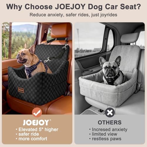 JOEJOY Elevated Dog Car Seat for Small/Medium Dogs up to 35 lbs, Memory Foam Booster Seat with Detachable Washable Cover, Travel-Safe Car Bed with Safety Belts & Storage Pockets, Black - Image 4