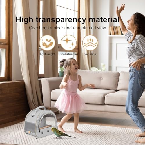 Bird Carrier, Portable Small Bird Parrot Parakeet Carrier with Standing Perch and Stainless Steel Tray, Side Access Window Collapsible (Grey, Horizontal Perch) - Image 6