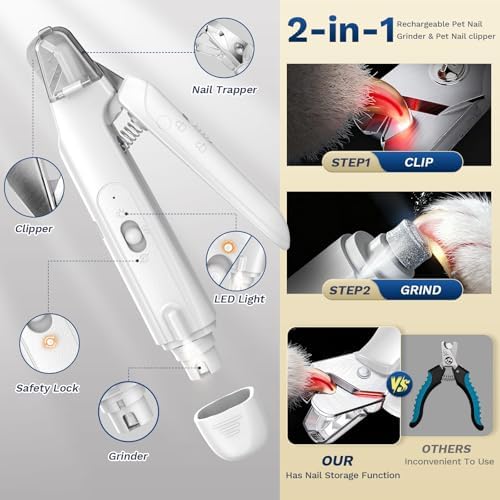 2-in-1 Dog Nail Clippers ＆ Grinder: Rechargeable Pet Trimmer with LED Light - Image 2