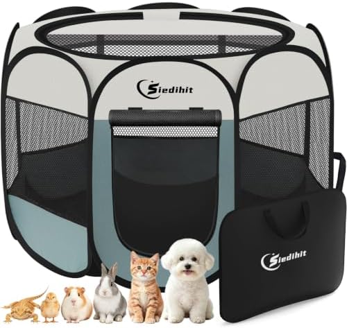 Siedihit Dog Cat Playpen, Puppy Pet Playpen Indoor for Small Dog Crate Tent Cage Outdoor, Portable Pop Up Dogs Enclosure Kennel with Carrying Case for Dogs/Cats/Rabbits(Grey, Small by Siedihit