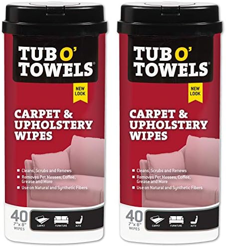 Tub O' Towels Carpet & Upholstery Cleaning Wipes 2 Pack – 7 x 8 Pre-Moistened Multi Surface Fabric Cleaning Wipes, 40 Count for Carpet, Rugs & Furniture by TubOTowels