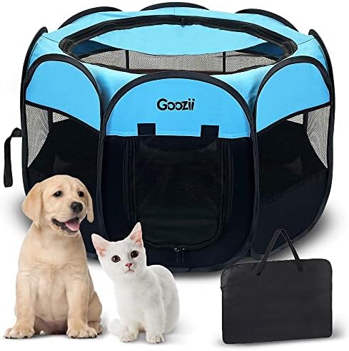 GOOZII Portable Dog Playpen Indoor Outdoor, Collapsible Pet Dog Playpen with Zipper Top Cover, Cat Puppy Bunny Kitten Exercise Play Pen Tent for Beach RV Car (Medium Size,Black Blue) by Goozii