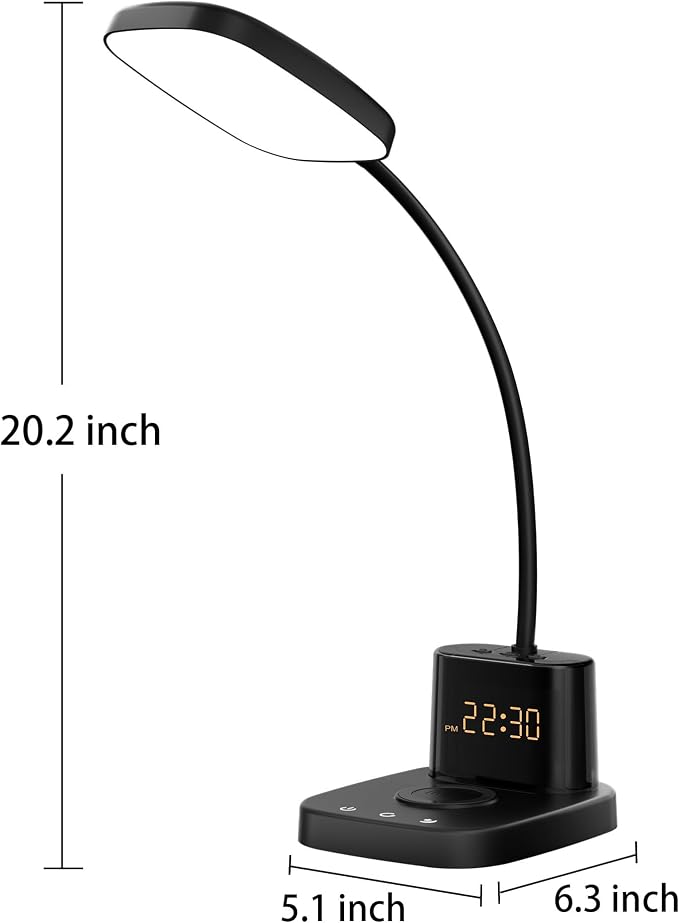 10W Wireless Charging LED Desk Lamp with Clock, Light Black | CRI 95, 800LM, Stepless Dimming, 3 Modes, 360°Flexible Arm, Touch, Study Table Lamp for Home Office, Dorm Room, with Adapter - Image 8