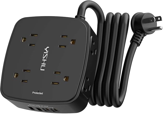 6 Ft Surge Protector Power Strip - 8 Widely Outlets with 4 USB Ports, 3 Side Outlet Extender with 6 Feet Extension Cord, Flat Plug, Wall Mount, Desk USB Charging Station, ETL,Black by YISHU