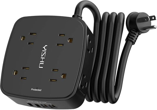 6 Ft Surge Protector Power Strip - 8 Widely Outlets with 4 USB Ports, 3 Side Outlet Extender with 6 Feet Extension Cord, Flat Plug, Wall Mount, Desk USB Charging Station, ETL,Black by YISHU