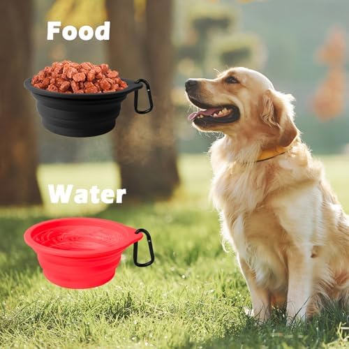 PetBonus 2-Pack Silicone Collapsible Dog Bowls, BPA Free Dishwasher Safe, Portable Foldable Expandable Travel Bowl, Food Water Feeding Cup Dish for Dogs Cats with 2 Carabiners (Black, Red) - Image 4