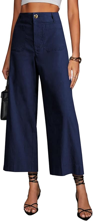 miduo Womens High Waisted Cropped Wide Leg Stretchy Straight Pants Trousers with Pockets by miduo