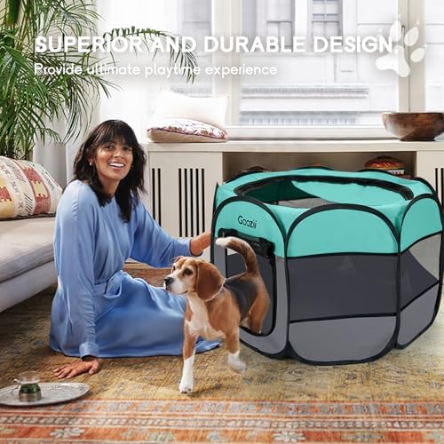 Goozii Pet Cat Playpen for Indoor Cats Enclosed, Puppy Dog Play Pen for Outdoor Travel Camping (Medium Size, Green & Dark Grey) - Image 2