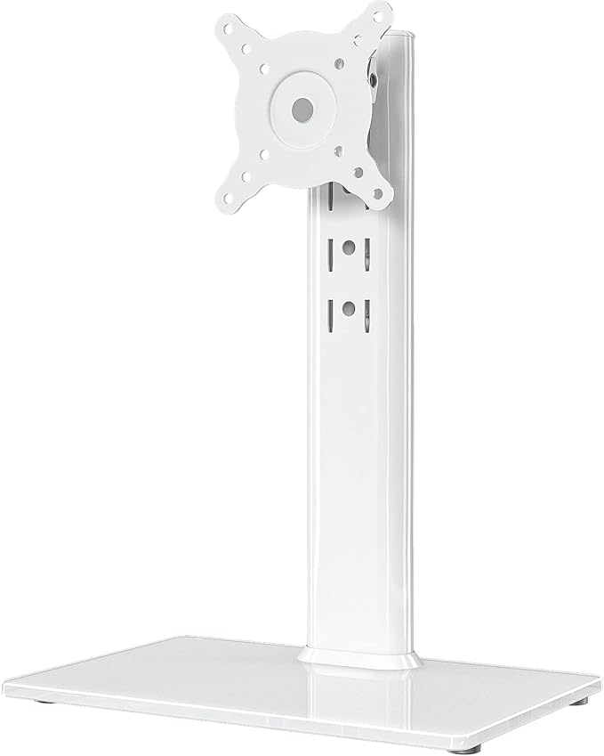 Hemudu Single LCD Computer Monitor Free-Standing Desk Stand Riser for 13 inch to 32 inch Screen with Swivel, Height Adjustable, Rotation, Holds One (1) Screen up to 77Lbs(HT05W-001) White by HEMUDU