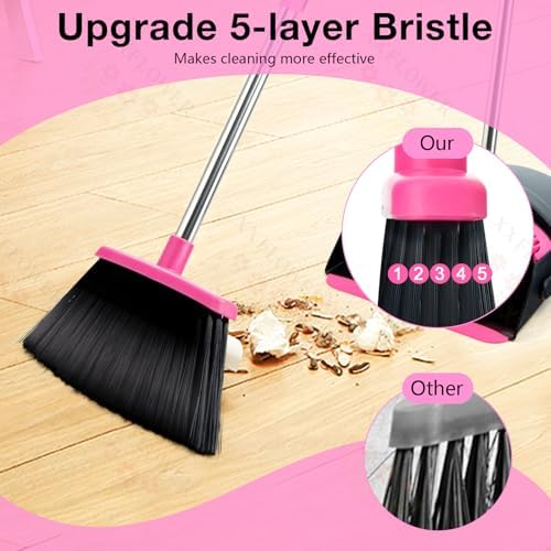 Broom and Dustpan Set,Long Handle Lightweight Dustpans with Broom Combo for Home,Indoor&Outdoor Sweeping for Home Room Kitchen Office Lobby (Black Pink) - Image 4
