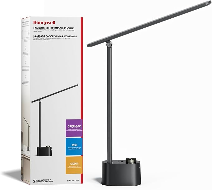 Honeywell Upgraded LED Desk Lamp - H01 Pro Sunturalux™ Foldable Desk Light with USB A+C Charging Ports, 3 Color Modes Dimmable Table Lamp for Home Office Reading(Black) by HoneywellAirComfort