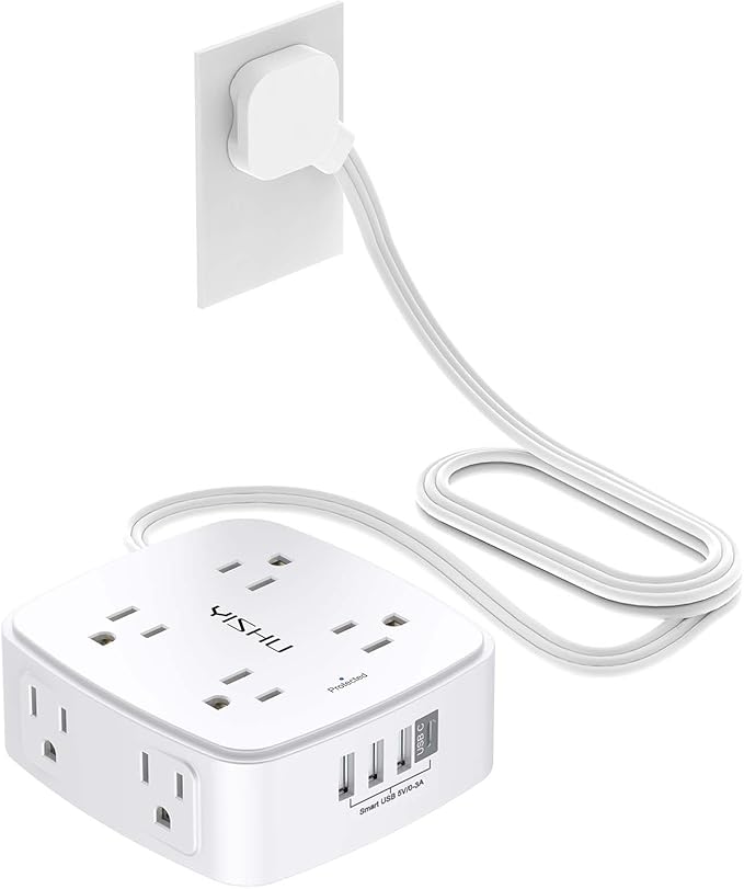 6 Ft Surge Protector Power Strip - YISHU 8 Widely Outlets with 4 USB Ports, 3 Side Outlet Extender with 6 Feet Flat Extension Cord, Ultra Flat Plug, Wall Mount, Desk USB Charging Station, ETL, White by YISHU