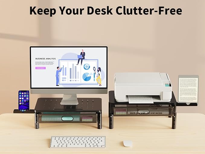 Zimilar Monitor Stand Riser with Metal Mesh Drawer, Height Adjustable | Monitor Riser with Phone Holder for Computer, Laptop, Printer, Notebook, Metal Computer Monitor Stand with Storage - Image 2