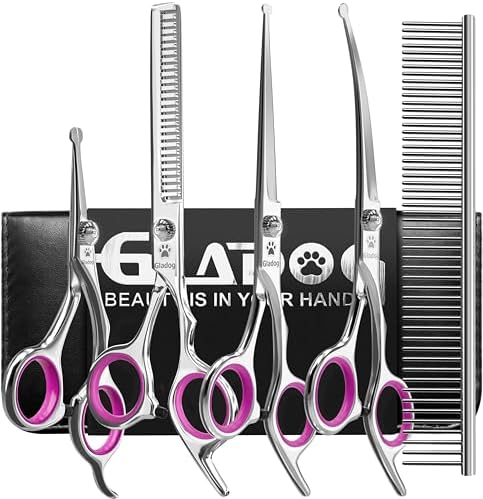 GLADOG Dog Grooming Scissors Kit with Safety Round Tips, Professional 6 in 1 Grooming Scissors for Dogs, Sharp and Heavy-duty Dog Grooming Shears for Dogs Cats Pets (Pink) by GLADOG