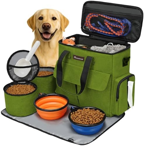 Modoker Weekend Dog Travel Bag Set with 2 Food Bags, 2 Bowls and Mat,Green by Modoker