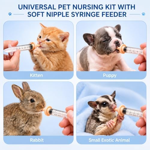 Pet Feeding Kit for Newborn Kittens & Puppies, Kitten Feeding Bottle with Soft Silicone Nipples, Nursing Syringes for Small Animals, Kitten Milk Feeder Set for Rabbit, Hamster - Image 7