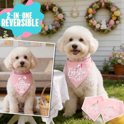 Easter 2-in-1 Dog Bandana with Egg-Stra Cute & Some Bunny Love Me Lovely Saying, Pink Pet Holiday Costumes Scarf with Snap Button, Small to Medium Breeds (5-30lbs) - Image 4