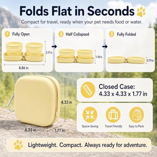 Portable Dog Bowl, Collapsible 2-in-1 Travel Dog Bowls with Carabiner Clip, Silicone Double Pet Food and Water Dish for Outdoor Camping and Hiking (Yellow) - Image 3