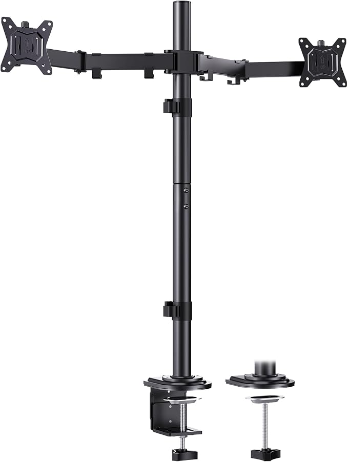 HUANUO Dual Monitor Stand for 13-32 Inch Screens, Tall Pole Desk Mount,Larger Base, Ideal for Sit-Stand Workstations, 22 lbs per Arm, VESA 75x75/100x100mm, Tilt Swivel Rotation, Cable Management by HUANUO