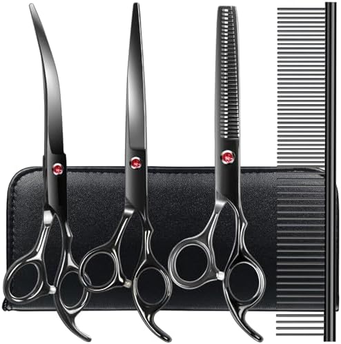 TINMARDA Dog Grooming Kit, Titanium Black Stainless Steel Dog Grooming Scissors with Curved Shears, Black Finger Rings - 4 Piece Sharp Durable Pet Shears for Dogs Cats At Home Salon-Quality Grooming by TINMARDA