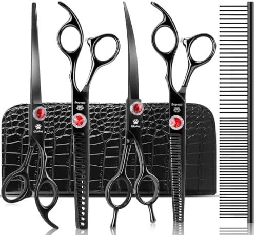 GLADOG 7 Inch Professional Dog Grooming Scissors Kit, Titanium Dog Scissors for Grooming, Heavy-Duty Dog Shears for Grooming, 6-in-1 Pet Grooming Scissors for Dogs (Pro Black) by GLADOG