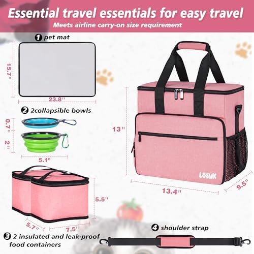 5 Set Dog Travel Bag for Supplies, Dog Lovers, Large Pet Travel Kit Includes 2 Food Containers, 2 Collapsible Bowls, Pink - Image 2