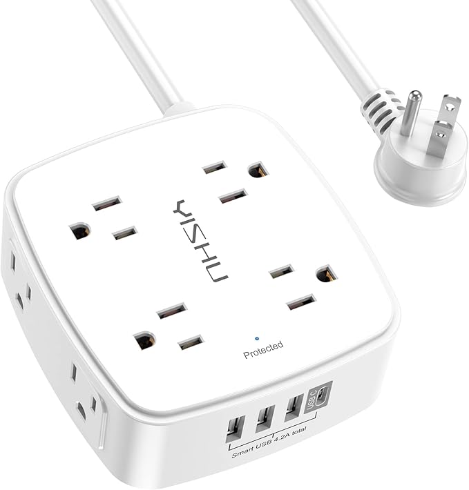 10 Ft Surge Protector Power Strip - YISHU 3 Side Outlet Extender with 8 Widely AC Outlets and 4 USB Ports, 10 Feet Extension Cord with Flat Plug, Wall Mount Desk USB Charging Station, ETL,White by YISHU