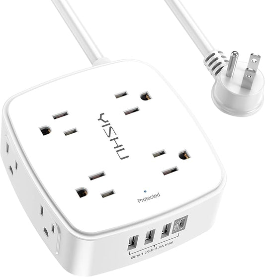 10 Ft Surge Protector Power Strip - YISHU 3 Side Outlet Extender with 8 Widely AC Outlets and 4 USB Ports, 10 Feet Extension Cord with Flat Plug, Wall Mount Desk USB Charging Station, ETL,White by YISHU