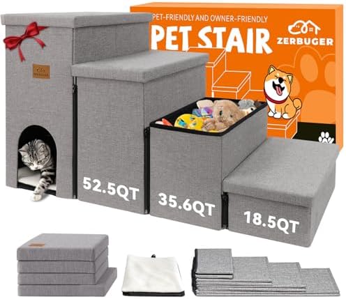 Zerbuger Dog Stairs with Storage, Grey 4 Steps Dog Ramp with Condo for Bed by Zerbuger