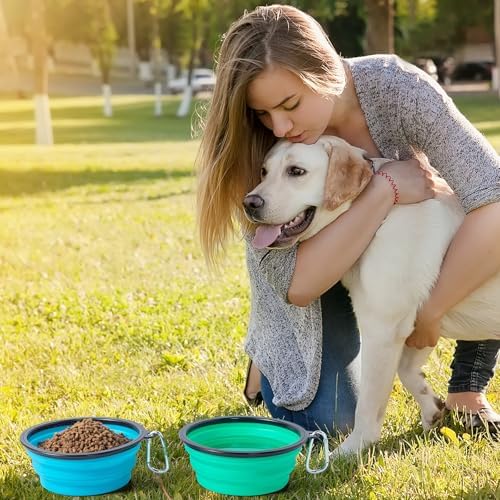 SLSON Dog Bowls Pet Collapsible Bowl with Cover Lids,2 Pack Dog Travel Bowls Portable Foldable Cat Water Dish Bowl for Pets Walking Parking Camping (Light Blue and Green, Medium) - Image 5